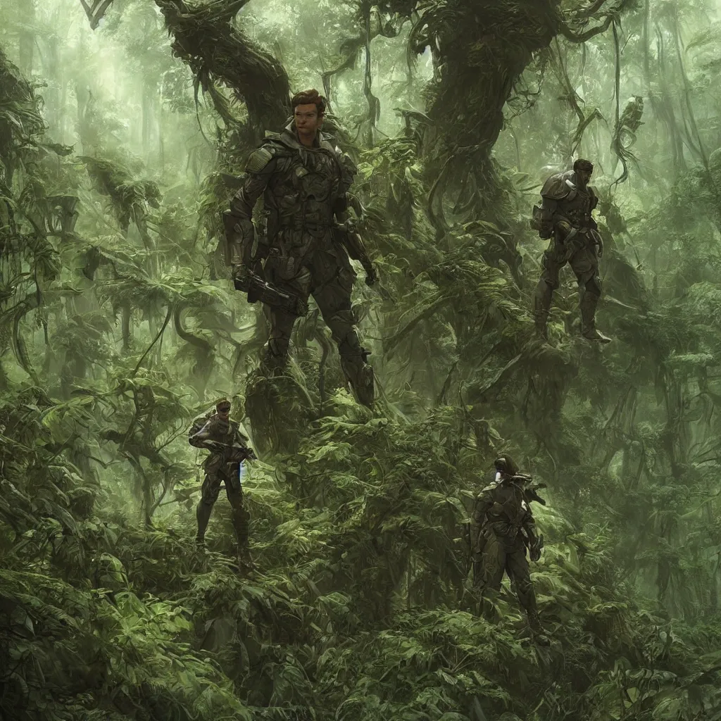Image similar to a handsome male sci-fi solider exploring a magical rain forest, D&D, fantasy, intricate, cinematic lighting, highly detailed, digital painting, artstation, concept art, smooth, sharp focus, illustration, art by Terry Moore and Greg Rutkowski and Alphonse Mucha
