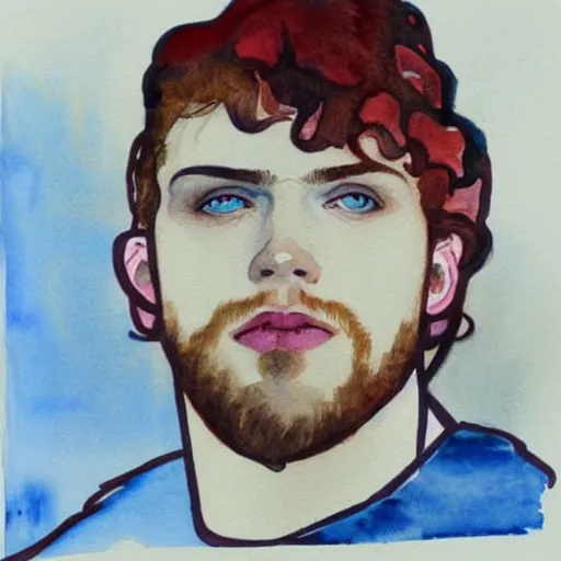 Prompt: abstract experimental watercolor drawing of a young cute handsome beautiful strawberry blond medium curly hair man in his early 2 0 s wearing a blank maroon t - shirt with grey - blue eyes, by elizabeth peyton and alphonse mucha, trending on artstation, artgen