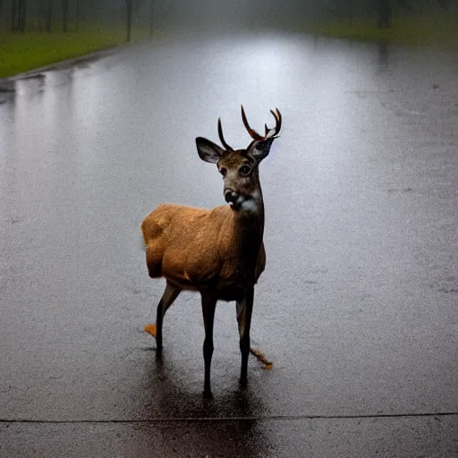 Prompt: 4 k hdr wide angle detailed portrait of a deer soaking wet standing in the rain showers during a storm with thunder clouds overhead and moody stormy lighting sony a 7