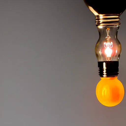 Image similar to a battery made from an orange, powering a lightbulb, photograph by caleb charland