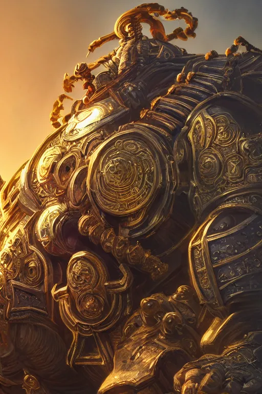 Prompt: dynamic photography portrait of end's level game boss colossus , intricate ornate armor, subject in the middle of the frame, rule of thirds, golden ratio, elegant, digital painting, octane 4k render, zbrush, hyperrealistic, artstation, concept art, smooth, sharp focus, illustration from Warcraft by Ruan Jia and Mandy Jurgens and Artgerm and William-Adolphe Bouguerea