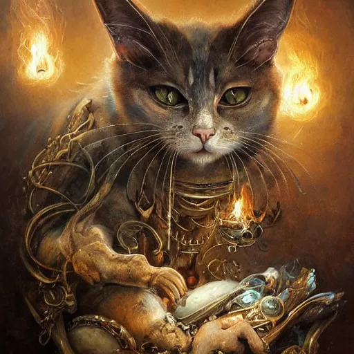 Image similar to a beautiful detailed 3d matte portrait of a alchemist cat, by ellen jewett, by tomasz alen kopera, by Justin Gerard, ominous, magical realism, texture, intricate, skull, skeleton, whirling smoke, alchemist bottles, radiant colors, fantasy, volumetric lighting, high details