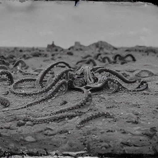 Prompt: tintype, wide view, thundra ufo crash site, team of scientists studying captured alien octopus, photorealistic, highly detailed