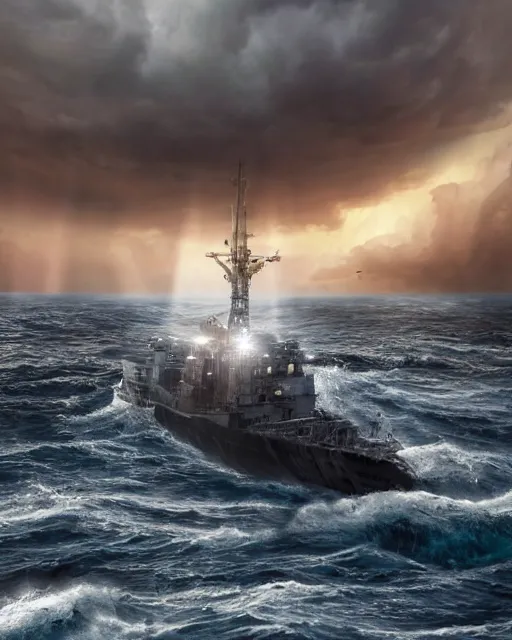 Prompt: a fishing boat on stormy seas, a gigantic star destroyer spaceship flying overhead, the spaceship is ready to fire, the gigantic star destroyer spaceship is emerging from storm clouds, sunset lighting, stormy weather, dramatic lighting, unreal engine, hyper realism, realistic shading, cinematic composition, realistic render, octane render, detailed textures, photorealistic, ultrawide shot, 1 6 mm lens