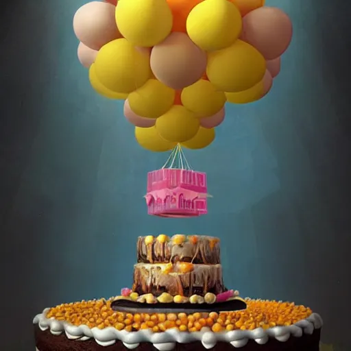 Image similar to a giant floating cake suspended to plenty of floating birthday balloons. digital art, highly - detailed, artstation cgsociety masterpiece