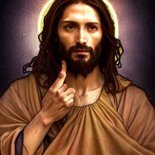 Prompt: a portrait of a jesus christ ,Grim fantasy, D&D, HDR, natural light, shoulder level shot, dynamic pose, award winning photograph, Mucha style 4k,