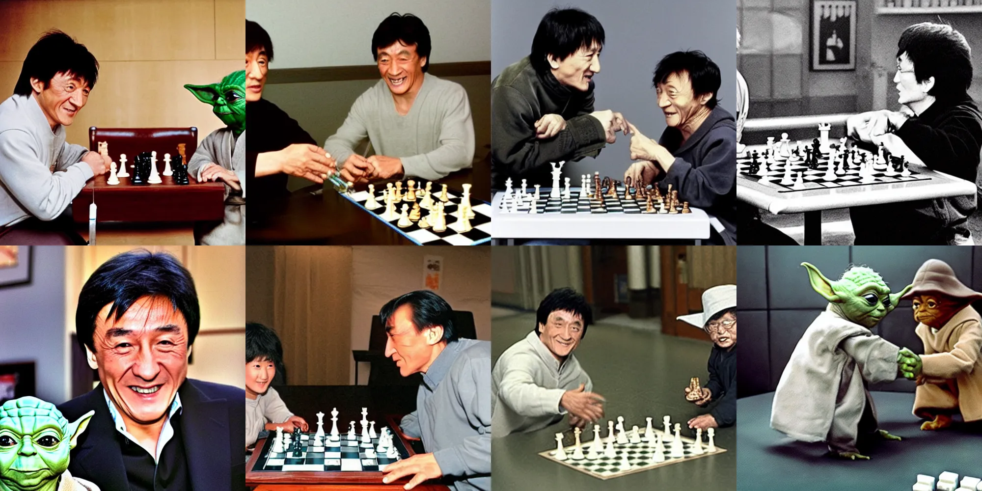 Prompt: Jackie Chan and Yoda play chess