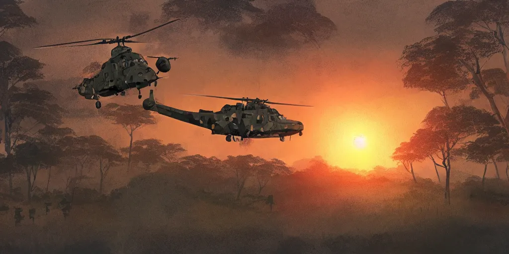 Image similar to Painting of vietnam Huey Helicopters, above a forest, orange sun set, abstract, realism, detailed, octane render, glow