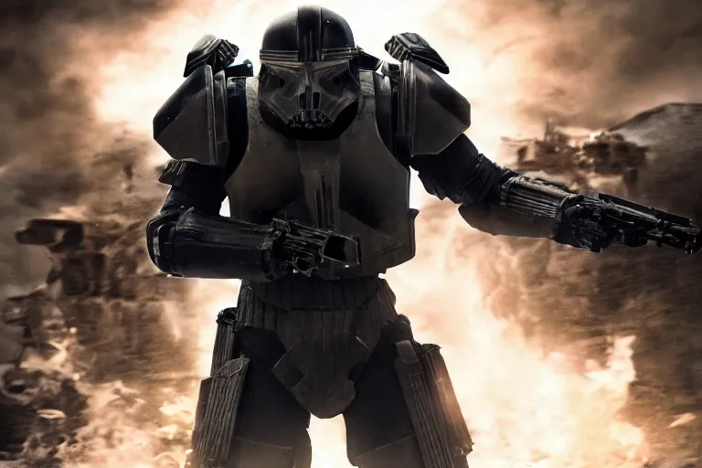 Image similar to black armor helghast soldier kerberos panzer cop sith trooper hybrid in a still of illang the wolf brigade ( 2 0 1 8 ) film, vfx, post processed