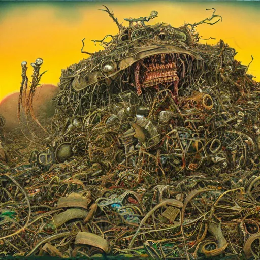 Prompt: a machine made of rubbish with long arms devours other rubbish and creatures in a giant rubbish heap full of strange and terrifying creatures, under a green sky in the distance, bones, corpses, monsters, hell, distorted, creepy, illustration, by dan seagrave, cinematic photographym, cinematic, ue 5, metal album cover art