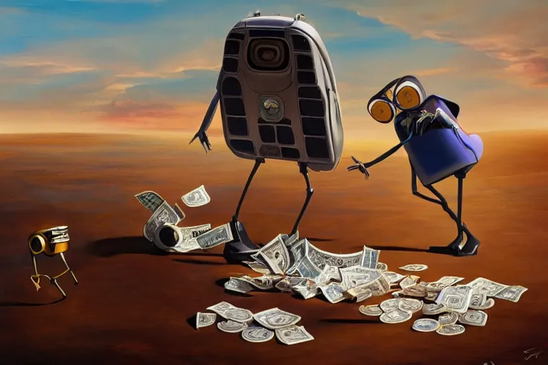 Prompt: Salvador Dali, WALL-E and Elon Musk counting money and holding keys, oil on canvas, artstation, portrait, masterpiece, aesthetic