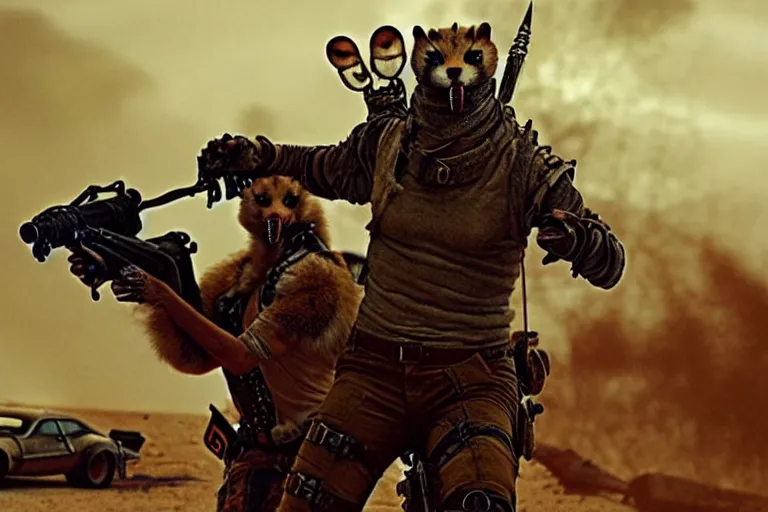 Image similar to a good ol'weasel fursona ( from the furry fandom ), heavily armed and armored facing down armageddon in a dark and gritty version from the makers of mad max : fury road. witness me.