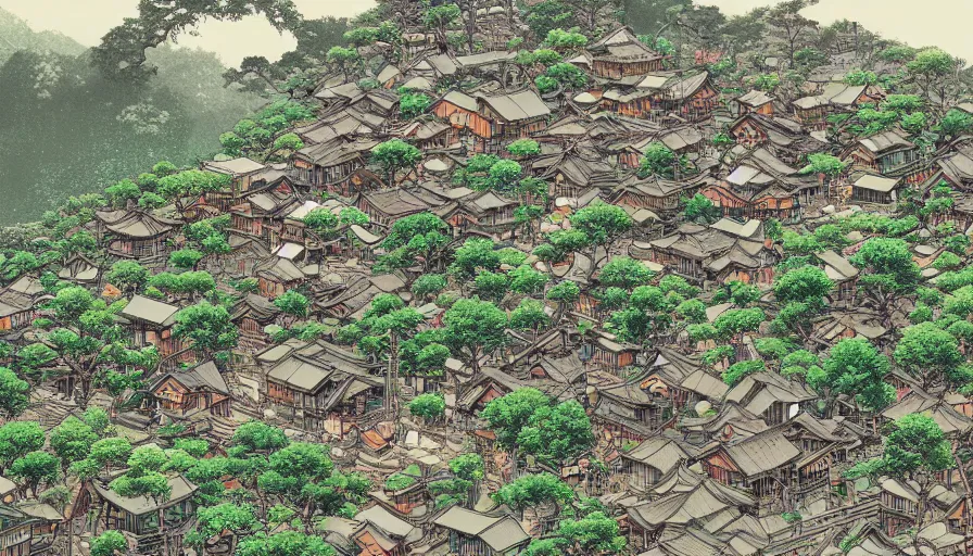 Image similar to japanese village in green mountains by shigeru mizuki, hyperdetailed, artstation, cgsociety, 8 k