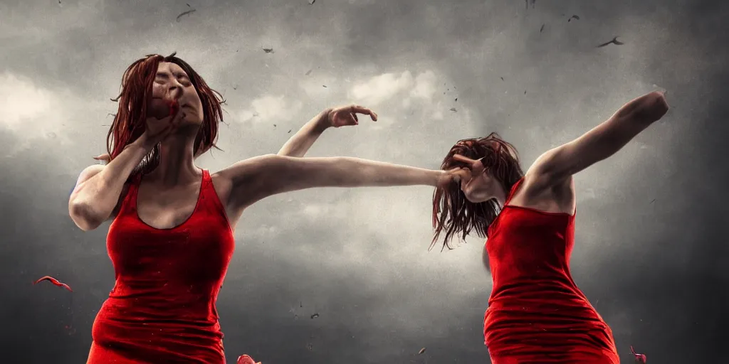 Prompt: epic scene of ( most gorgeous character hyper detail in amazing detail red dress, beautiful hyper detail face, detail ) ( fighting ) ( woman in a black tank top, detailed face ), hyper realistic 3 d render, art station, particles, epic scene, mucha, clouds, jump pose, blur focus, action,