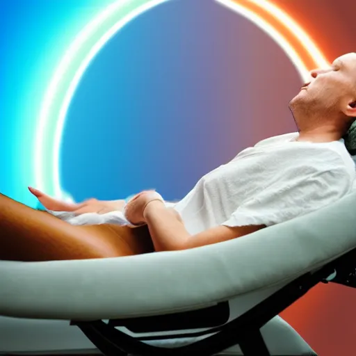 Prompt: person receiving acupuncture treatment in a recliner chair floating in the sky, beautiful, rainbows, dramatic lighting