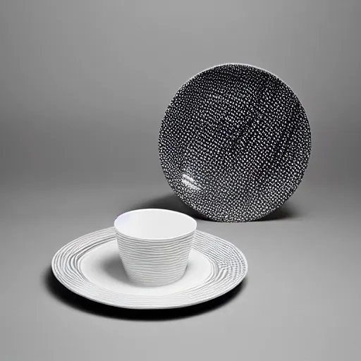 Prompt: “a cup and plate by Zaha Hadid”