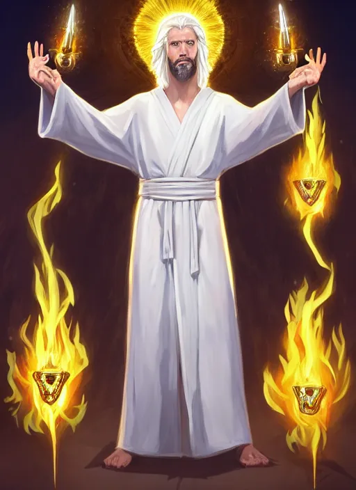 Prompt: « portrait of the white - haired jesus in a white robe and flaming yellow eyes, holding seven stars in right hand, high - contrast, intricate, elegant, highly detailed, bible illustration, digital painting, artstation, concept art, smooth, sharp focus, illustration »