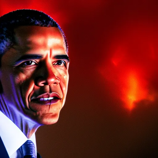 Prompt: Obama red flashlight glowing eyes, flames are burning behind Obama, 40nm lens, 4k,