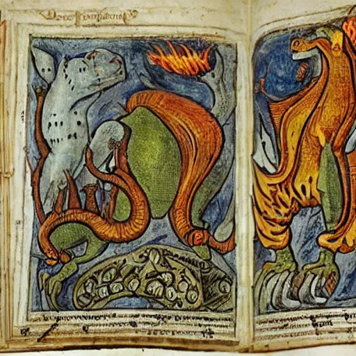 Image similar to medieval bestiary of repressed emotion monsters and creatures starting a fiery revolution in the psyche