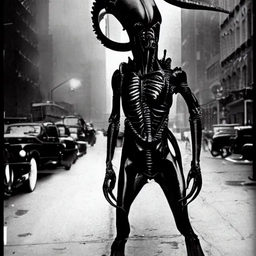 Image similar to old black and white photo, 1 9 1 3, depicting a xenomorph from the movie aliens rampaging through the bustling streets of new york city, historical record