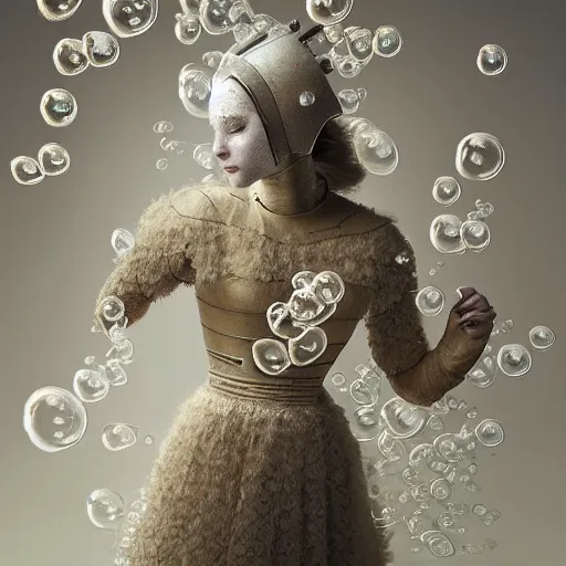 Image similar to medium shot of a woman wearing an armor made of thousands of bubbles. soft. fragile. by ray caesar. by louise dahl - wolfe. by anna claren. surreal photography. octane render