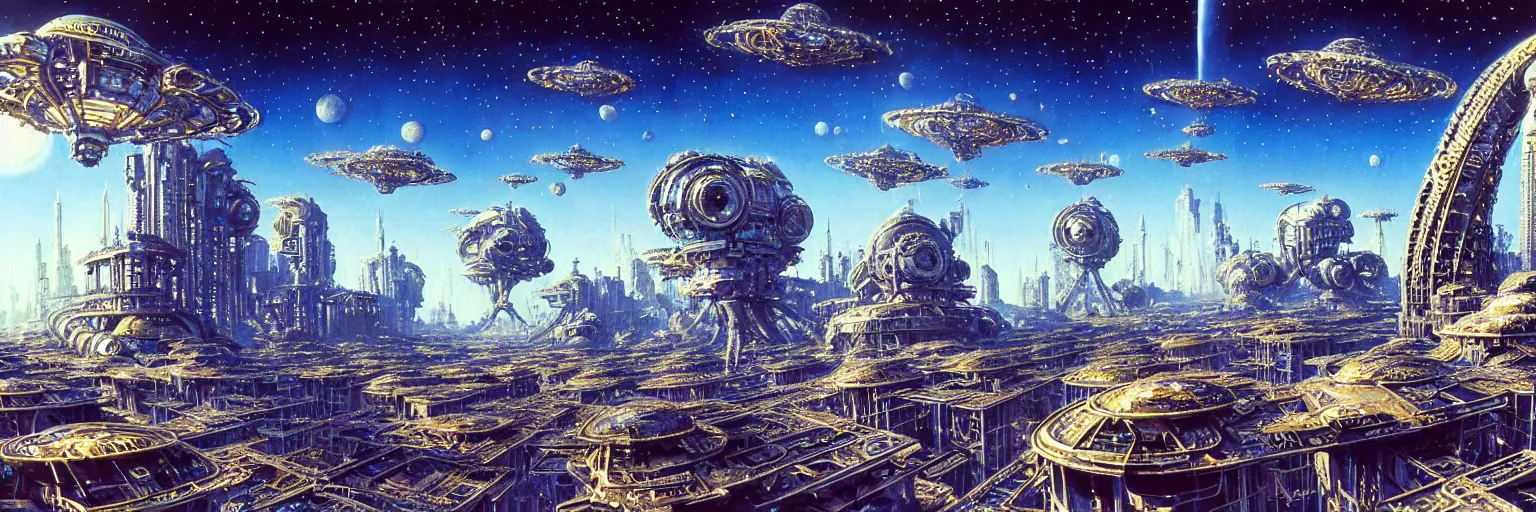 Image similar to ultra realist intricate detailed painting of an alien world with buildings, blue sky, very intricate details, bokeh focus, 8 k render, artstyle chris foss and john berkey, award winning