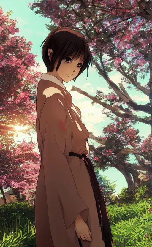 Image similar to anime style, gta 5, portrait of girl, yukata clothing, sakura tree in background, brown short hair, hair down, symmetrical facial features, from arknights, hyper realistic, happy eyes, extreme detail, 4 k drawing, safebooru, realistic lighting, by alphonse mucha, greg rutkowski, sharp focus, backlit