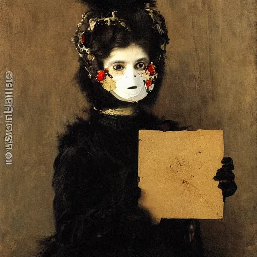 Image similar to portrait of a young woman wearing a carneval mask by alfred stevens