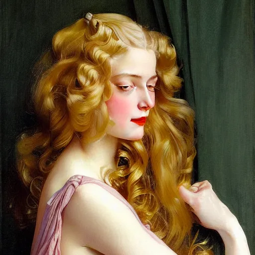 Image similar to beautiful portrait painting of the androgynous pale blond princess Lucius with long curly blond hair, delicate young man wearing a wispy pink silk dress smiling sleepily at the viewer, symmetrically parted curtain bangs, in love by J.C Leyendecker and Norman Rockwell