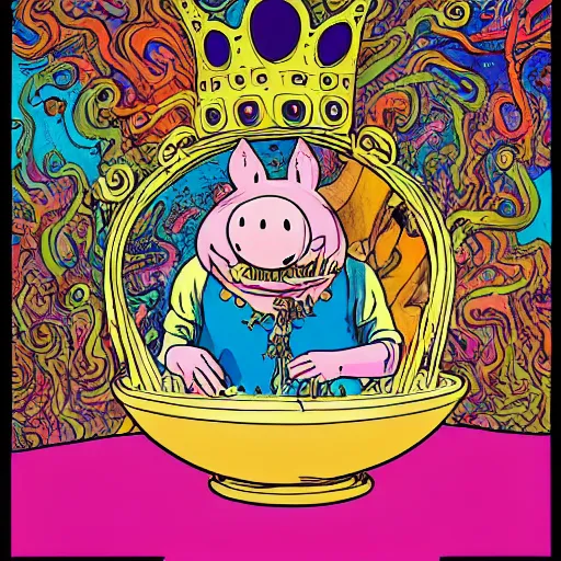 Image similar to trippy comic art of a pig wearing a gold crown eating out of an empty bowl, drawn by Martin Rowson, Tim Burton, Studio Ghibli, Alex Pardee, Nekro Petros Afshar, James McDermott, colors by lisa frank, unstirred paint, vivid color, cgsociety 4K