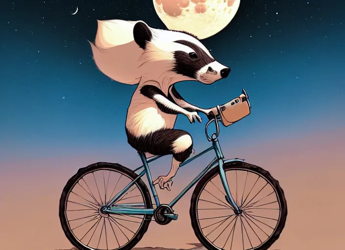 Image similar to a cell shaded cartoon badger riding a bicycle, with a big head, on a desert road, wide shot, in front of a big moon, muted colors, post grunge, josan gonzales, wlop, by james jean, victor ngai, hq, deviantart, art by artgerm