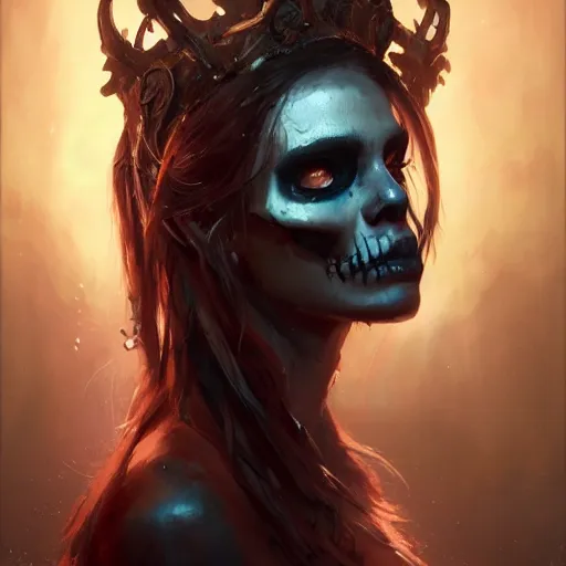 Image similar to a beautiful portrait of skull goddess by greg rutkowski and raymond swanland, dark background, trending on artstation