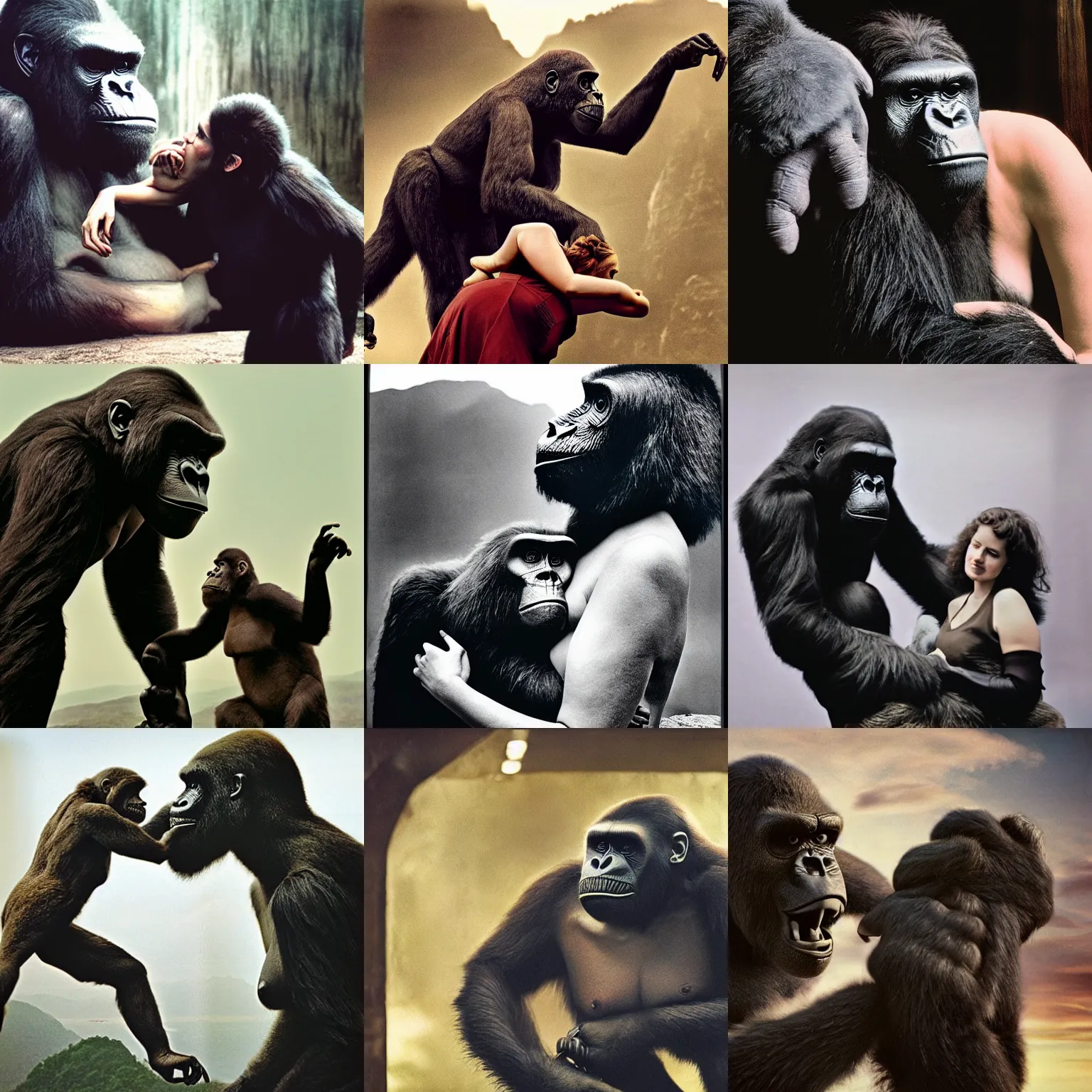 Prompt: Picture of a woman and King Kong by Annie Leibovitz. King Kong holds the woman in his paw.