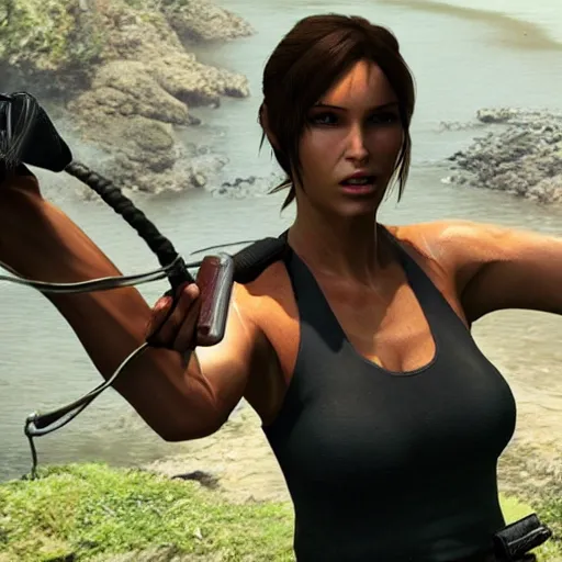 Prompt: lara croft poses with her big fish catch