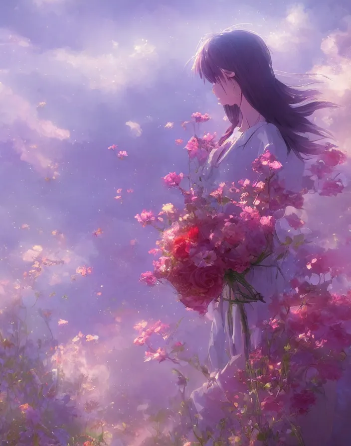 Prompt: beautiful flower bouquet, concept art, daytime ethereal anime, high detail Impressionist style, dreamy light color palette, style of studio ghibli and moebius, concept art stunning atmosphere, trending on artstation, volumetric light