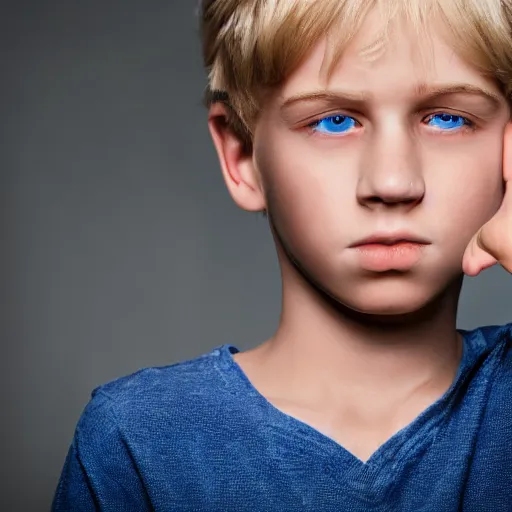 Image similar to portrait of a boy with his hand on his face, extremely realistic and real, photorealistic, blonde hair and blue eyes, detailed facial structure, real eyes that are detailed, real hands