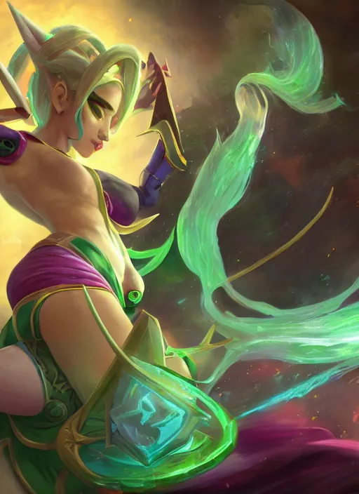 Image similar to merciful soraka, from league of legends, health supporter, hyper detailed, green aura in her wand, digital art, trending in artstation, cinematic lighting, studio quality, smooth render, unreal engine 5 rendered, octane rendered, art style by klimt and nixeu and ian sprigger and wlop and krenz cushart