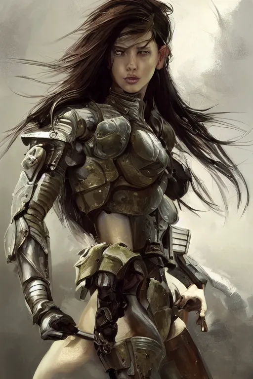 Prompt: a photorealistic painting of an attractive young female, partially clothed in battle armor, olive skin, long dark hair, beautiful bone structure, symmetrical facial features, intricate, elegant, digital painting, concept art, illustration, sharp focus, from Metal Gear, in the style of Ruan Jia and Mandy Jurgens and GregRutkowski and William-Adolphe Bouguerea