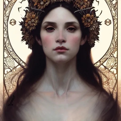 Image similar to a portrait of the bone queen, intricate, elegant, highly detailed, digital painting, crown of skulls, artstation, concept art, smooth, sharp focus, illustration, art by artgerm and greg rutkowski and alphonse mucha and william - adolphe bouguereau