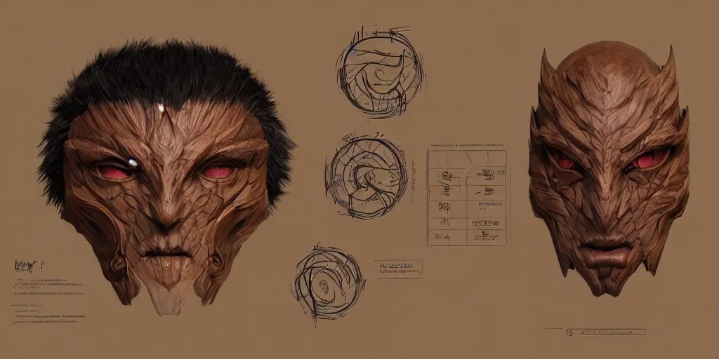 Image similar to wooden mask design, character sheet, Greg Rutkowski, Zabrocki, Karlkka, Jayison Devadas, Phuoc Quan, trending on Artstation, 8K, ultra wide angle, zenith view, pincushion lens effect