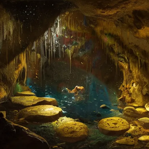 Image similar to adventurer archeologist, inside the wishing well cavern, piles of gold coins, refractive jewels, shallow water, gold refractions off water, moonlight beam from above illuminates cavern, reflective clean water on cavefloor, slick wet walls, soft glow fungi, small flowing stream from wall, lichen patches, gold dappled lighting, movie poster painting