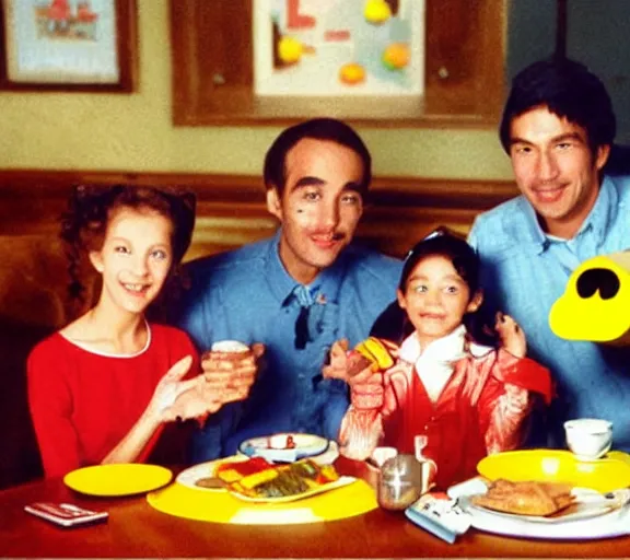 Image similar to color photo still of pac - man and ms pac - man and family at the breakfast table