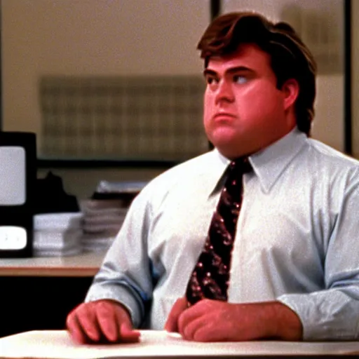 Image similar to clean - shaven chubby white man wearing a shirt and necktie sitting at a desk, 1 9 8 9 movie still, tv scan lines, cinematography, cinematic lighting