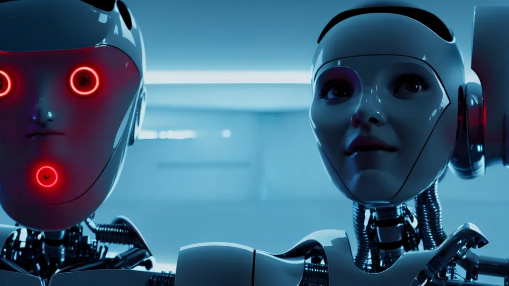 Image similar to robots debating AI ethics, movie still, cinematic composition, cinematic light, criterion collection, re imagined by industrial light and magic, Movie by Andrzej Żuławski