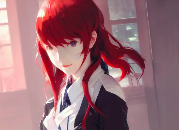 Prompt: kasumi yoshizawa from persona 5 anime, red hair, white school uniform, intricate, sharp focus, illustration, highly detailed, digital painting, concept art, matte, art by ruan jia and wlop and greg rutkowski, masterpiece