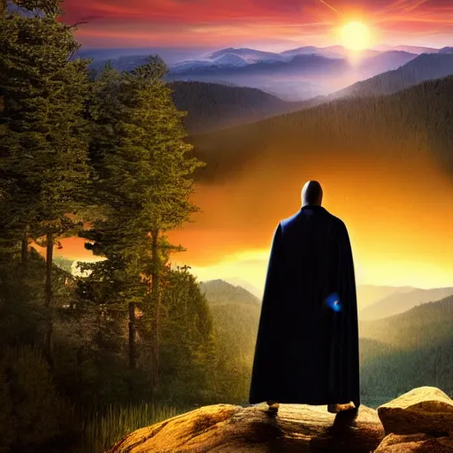 Image similar to man with a cape and holding a lightsaber, on a hill, forest and mountains in background, sunrise, highly detailed, realistic