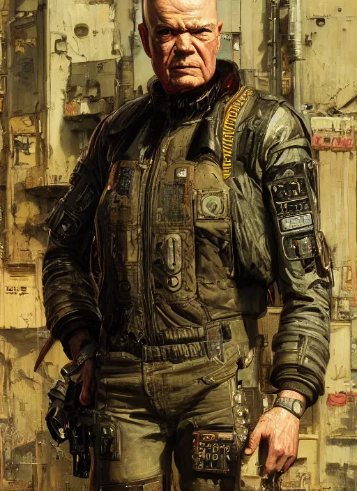 Image similar to dwight eisenhower. cyberpunk mercenary with tattoos wearing a military vest and combat jumpsuit. (Cyberpunk 2077, bladerunner 2049). Iranian orientalist portrait by john william waterhouse and Edwin Longsden Long and Theodore Ralli and Nasreddine Dinet, oil on canvas. Cinematic, hyper realism, realistic proportions, dramatic lighting, high detail 4k