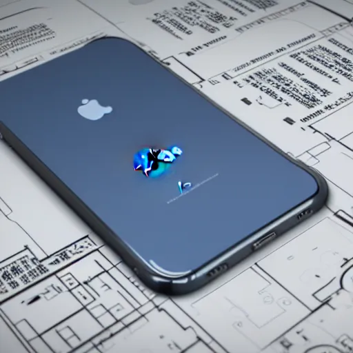 Image similar to a concept image of iphone 2000 blue print technical info, 4k, unreal 5
