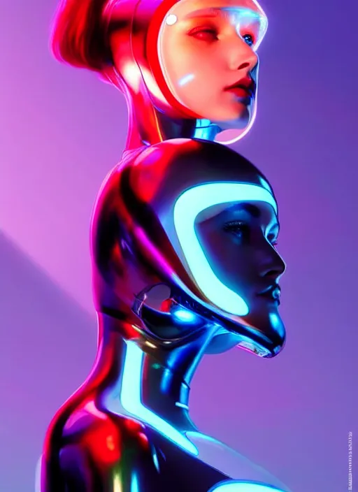 Prompt: a sensual female humanoid with freckles cheeks, futurism, cyber neon lighting, detailed futuristic jewelry, futuristic glossy latex suit, profile posing, hyper photorealistic, crispy quality, digital photography, trending in pinterest, cinematic, 4 k ultra hd, art by pascal blanche, art by greg rutkowski, art by artgerm,