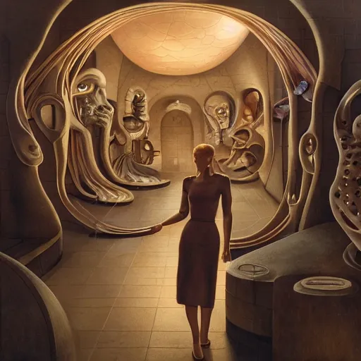 Image similar to detailed face of a woman in a biomorphic courtyard with dna sculptures at a science expo, atmospheric, ambient, pj crook, syd mead, livia prima, artgerm, greg rutkowski, nick alm, casey baugh